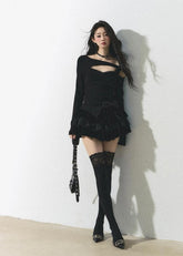 비대칭 레이스 트림 피티드 티셔츠